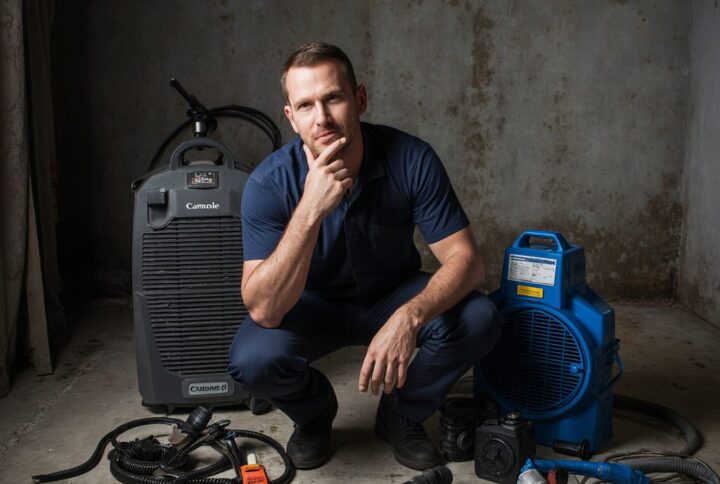 create dslr quality image of a water damage tradesmen scratching his chin surounded by water damage equipment