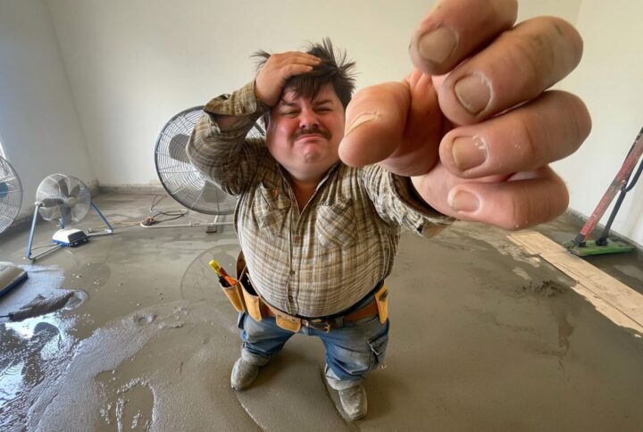 create image image of concrete contractor looking puzzled scracthing his head around home fans and improper equipment drying his concrete