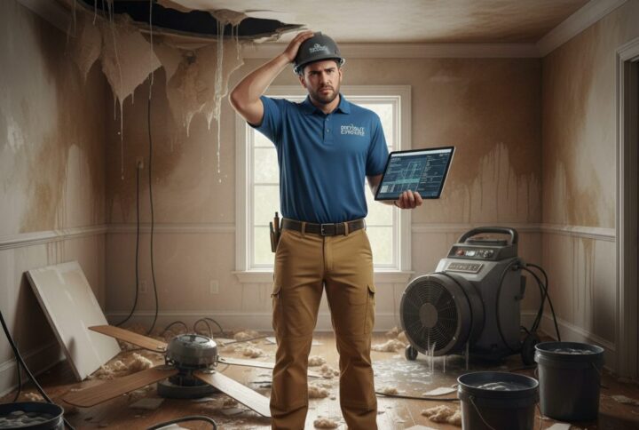 create image image of water damage restoration contractor looking puzzled scracthing his head